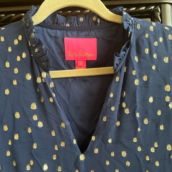Lilly Pulitzer Sarita Silk Dress Size 2 High Tide Navy Gold Metallic Silk Clip - Picture 4 of 6